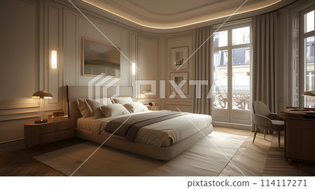 Bedroom in a house with a balcony, desk, and large bed for comfort Bedroom in a house with a balcony, desk, and large bed for comfort 114117271