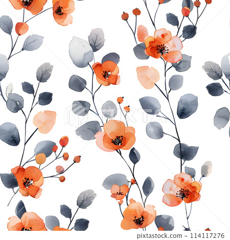 a seamless pattern with orange flowers and blue leaves on a white background 114117276