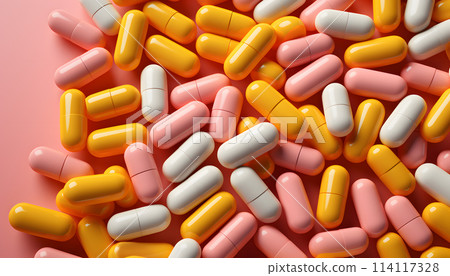 White pills on blue background 114117328