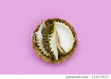 Durian peels on pink background. 114117417