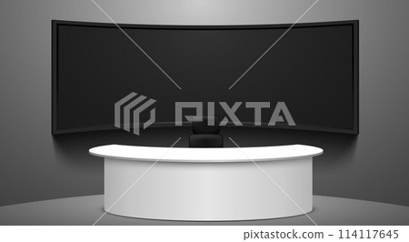 white table and lcds background in the news studio room white table and lcds background in the news studio room 114117645