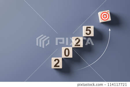New year resolution 2025. Goal achievement. Ambition aiming success. Dartboard and arrow with number 2025. Hitting target, shooting at goal, Success, 114117721