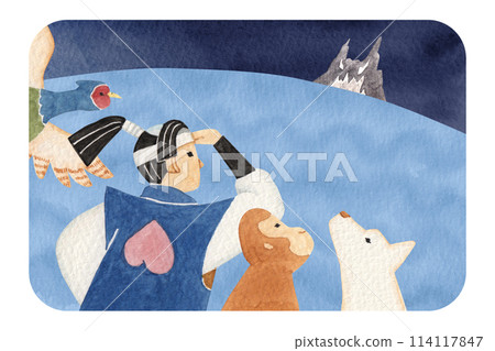 日本民間故事桃太郎水彩插圖 114117847