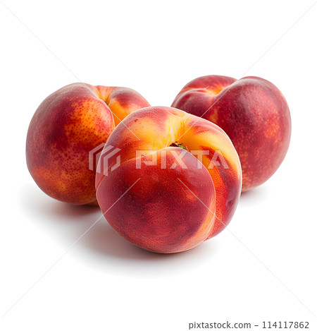 Three peaches, a staple food, sit on a white surface 114117862