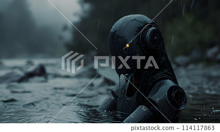 Robot in water during rain, wearing personal protective equipment 114117863