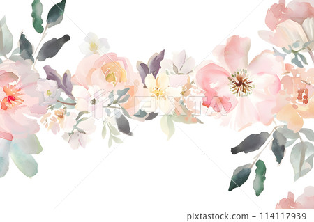 Watercolor painting of pink flowers and green leaves on white background Watercolor painting of pink flowers and green leaves on white background 114117939