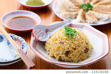 Chinese food fried rice and dumplings 114118198