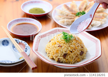 Chinese food fried rice and dumplings 114118201