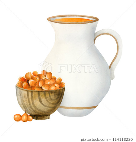 Fresh sea buckthorn juice in white ceramic jug and wooden bowl with orange Hippophae berries watercolor illustration isolated on white. Hand drawn healthy drink for rustic vegan and diet food Fresh sea buckthorn juice in white ceramic jug and wooden bowl with orange Hippophae berries watercolor illustration isolated on white. Hand drawn healthy drink for rustic vegan and diet food 114118220