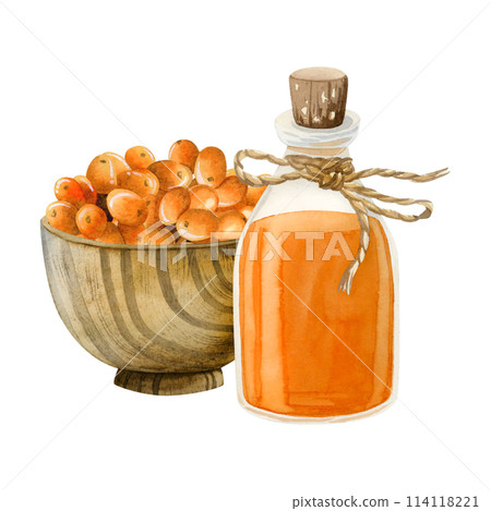 Buckthorn oil in glass bottle with wooden bowl full of orange berries watercolor illustration isolated on white background. Organic herbal Hippophae product for healthy lifestyle and medicine 114118221
