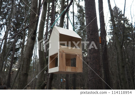 Hanging homemade feeder or platform for feeding birds and squirrels in winter and spring during hungry times. Feeders for birds and squirrels in a forest or city park. 114118954