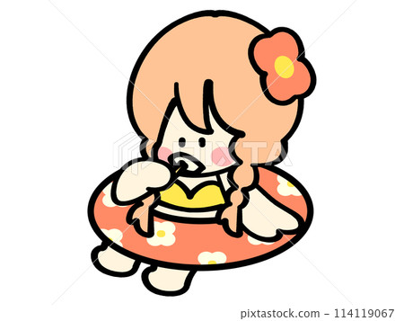 穿著泳衣的女孩拿著浮子吃冰淇淋的變形插畫素材 114119067