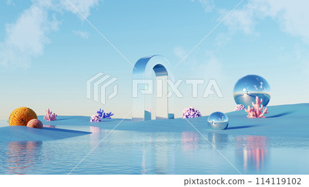 3d Render, Abstract Surreal pastel landscape background with architecture and geometric, beautiful gradient sky scene, lake with clam water, minimal concept. 114119102