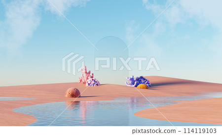 3d Render, Abstract Surreal pastel landscape background with architecture and geometric, beautiful gradient sky scene, lake with clam water, minimal concept. 114119103