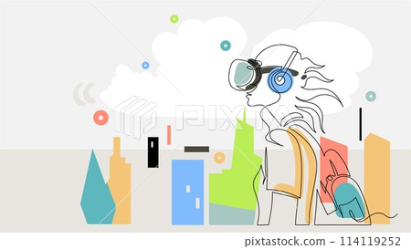 Virtual Reality City Tour, A Young Adult Woman Immersive Urban Experience, Continuous Line 114119252