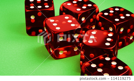 A stack of red dice on a green surface for a dice game A stack of red dice on a green surface for a dice game 114119275
