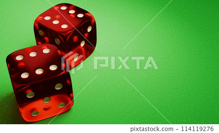 Pair of red dice with white dots on green surface for tabletop game 114119276