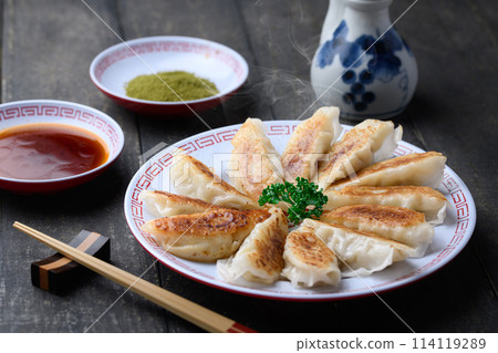 烤餃子(黑色背景)配醬汁和抹茶鹽 烤餃子(黑色背景)配醬汁和抹茶鹽 114119289