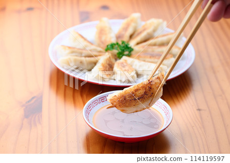 把餃子放在醬汁上 114119597