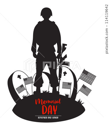 Memorial Day card. Veterans Cemetery. Military soldier with weapons stands in front of graves with American flags. Vector Silhouette drawing for design national traditional holidays. 114119642
