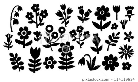 Texture flowers and branches hand drawings collection. Vector illustration. Isolated black chalk elements doodles for design and decoration. 114119654