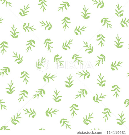 Seamless pattern Green leaves White background Spring bloom Simple ornament template banner poster textile fabric Vector illustration Seamless pattern Green leaves White background Spring bloom Simple ornament template banner poster textile fabric Vector illustration 114119681
