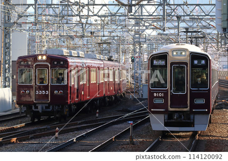 Hankyu Kyoto Line 3300 Series Train and Hankyu Takarazuka Line 9000 Series Train 114120092