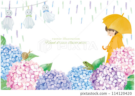 雨季框架與水彩手繪雨季雨和一個女孩打著傘 114120420