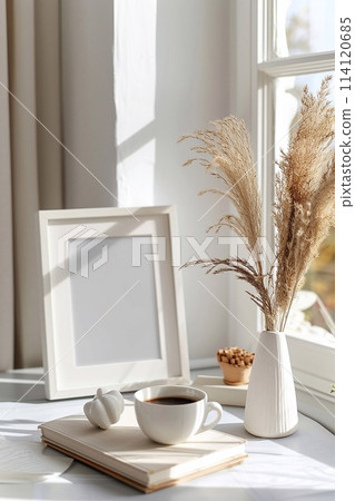 Empty picture frame, modern vase and coffee on stack of books. 114120685