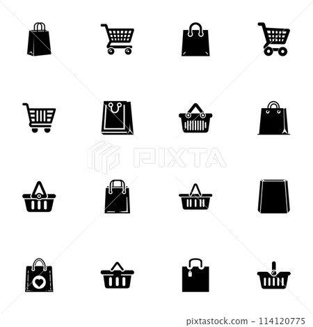 Shopping Bags icon - Expand to any size - Change to any colour. Perfect Flat Vector Contains such Icons as basket, cart, cardboard box, marketing, package, paper packet, supermarket trolley and more. 114120775