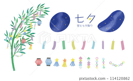 竹草和七夕裝飾手寫水彩風格插畫 114120862