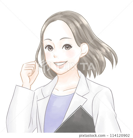 A woman in a white coat smiling and doing a fist pump, watercolor style 114120902