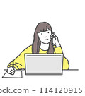 Illustration of a woman taking notes while teleworking on the phone, vector, white background, white background, no background 114120915