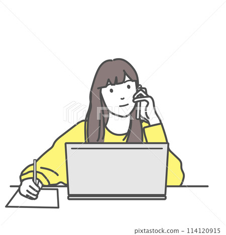 Illustration of a woman taking notes while teleworking on the phone, vector, white background, white background, no background Illustration of a woman taking notes while teleworking on the phone, vector, white background, white background, no background 114120915