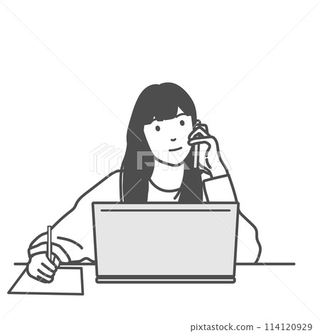 Simple illustration of a woman teleworking while talking Monochrome, black and white, white background, white background, no background 114120929
