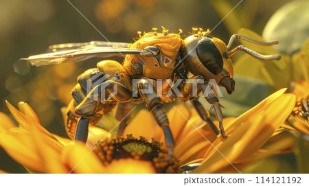An artificial bee replacing real bees in the process of gathering precious pollen from a yellow flowers. 114121192