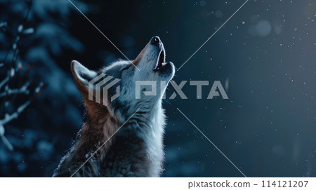 A close-up of an adult wolf (canis lupus) howling at night. 114121207