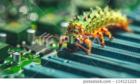 Close up of a caterpillar crawl on a computer hardware. Virus, cyber attack, malware concept. 114121225