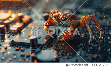 Close up of a crab crawling on a computer hardware. Virus, cyber attack, malware concept. 114121226