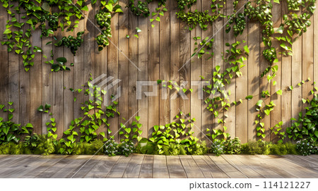 Combination of green leaves and wood planks for aesthetic outdoors wall decoration. 114121227