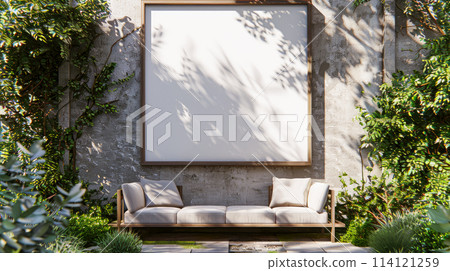 Terrace with chairs,bench sofa and a blank poster frame on a wall. Terrace with chairs,bench sofa and a blank poster frame on a wall. 114121259