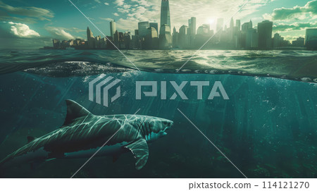 A big shark under the water, cityscape showing on the background in the surface. 114121270