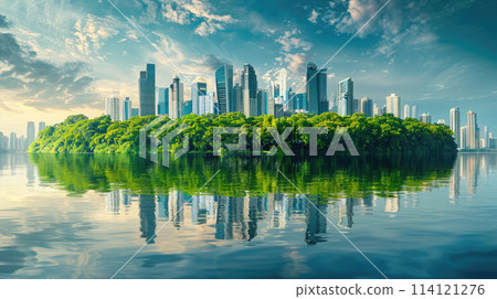Green city landscape - lush green forest and modern skyscrapers. 114121276