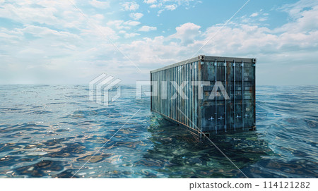 Lost cargo container lying on the shoal in the sea. 114121282