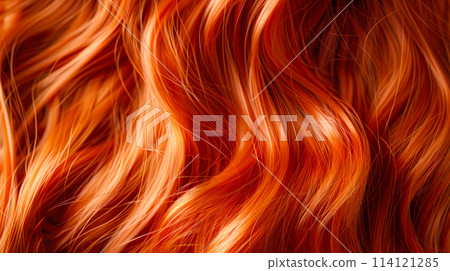 Red hair close-up as a background. Beautifully styled wavy shiny curls. 114121285