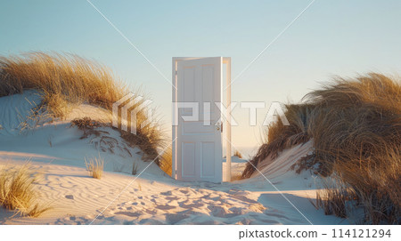 Wooden door in the sandy dunes of a wild beach. 114121294