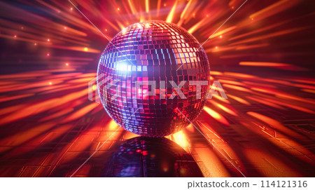 Disco ball on a dance floor shine in dark. 114121316