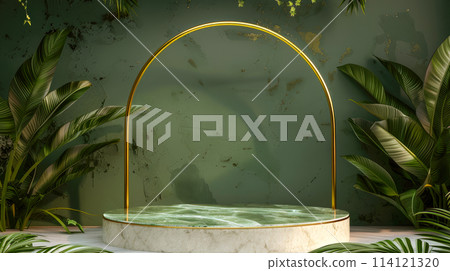 Oval podium display with golden lines and tropical plants against green wall. Oval podium display with golden lines and tropical plants against green wall. 114121320