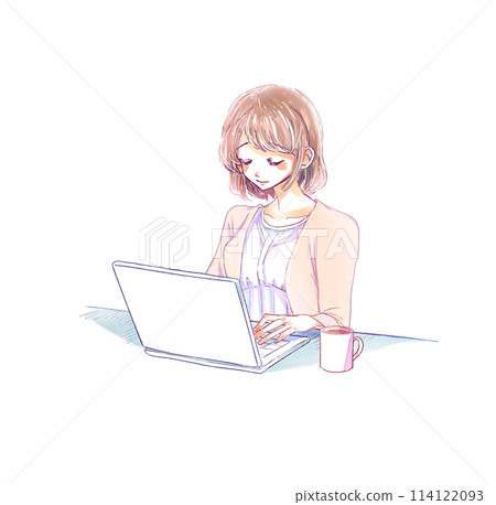 Woman operating a laptop, drink Woman operating a laptop, drink 114122093