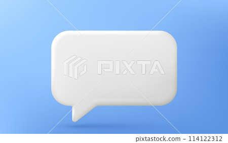 3d speech bubble isolated on blue background. Social network chat box icon. Blank text message balloon. Notification 3d chat speech bubble. Talk dialog board icon. Conversation balloon. Vector 114122312